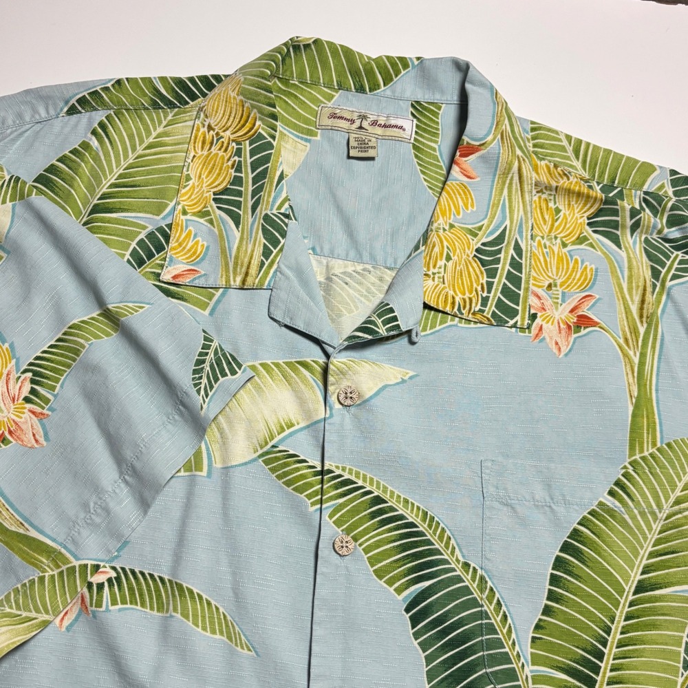 Tommy Bahama silk Banana Leaf Print Camp Hawaiian Shirt Mens XXl Light Blue Big
